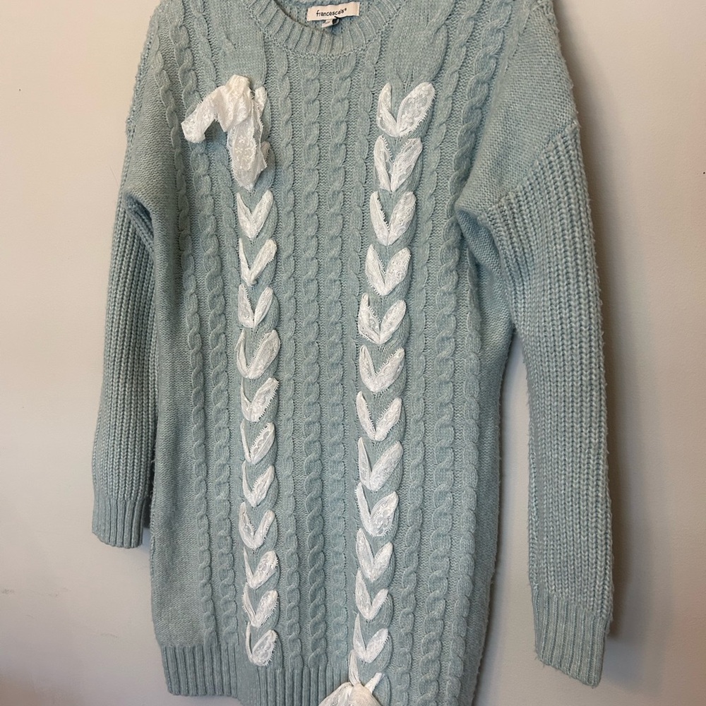 Francesca's Light Blue Cable Knit Sweater Dress White Lace Accents Women’s Small - Picture 2 of 8